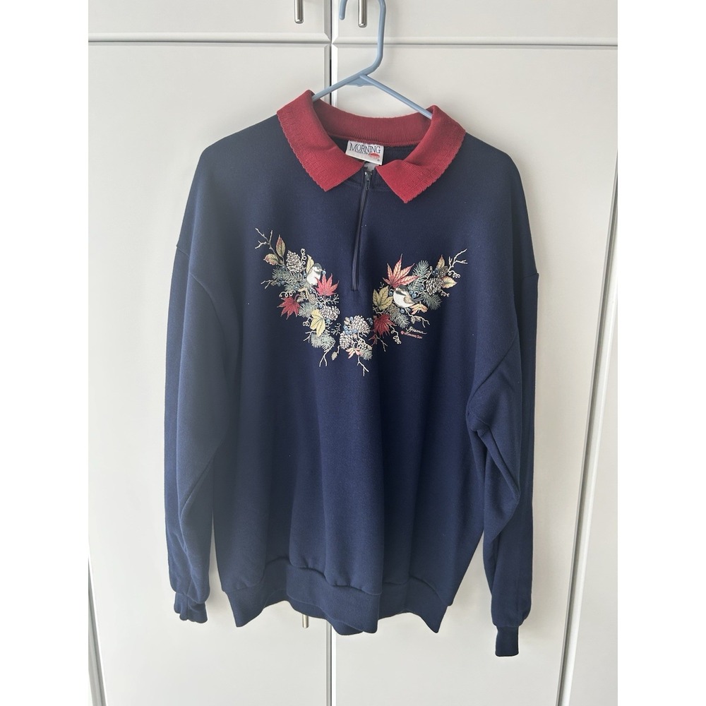 Vintage 90s Morning Sun‎ XL Navy Quarter-Zip Sweatshirt - Birds & Fall Leaves